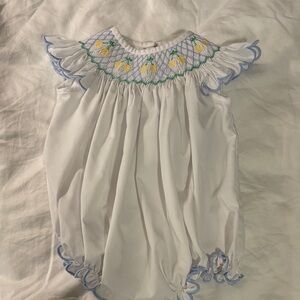 Shrimp and Grits Kids Charming White Baby Romper with Lemon Smocking